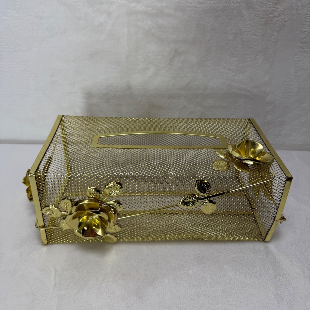VTG Gold Tone Mesh Tissue Box‎ Cover Holder Hollywood Regency Rose Floral Metal